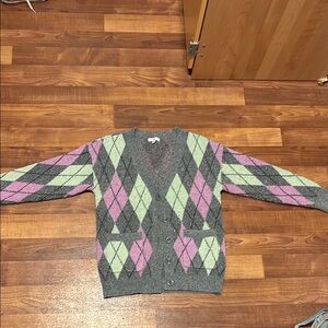 BP. Argyle Patterned Cardigan in Gray, Pink, and Green